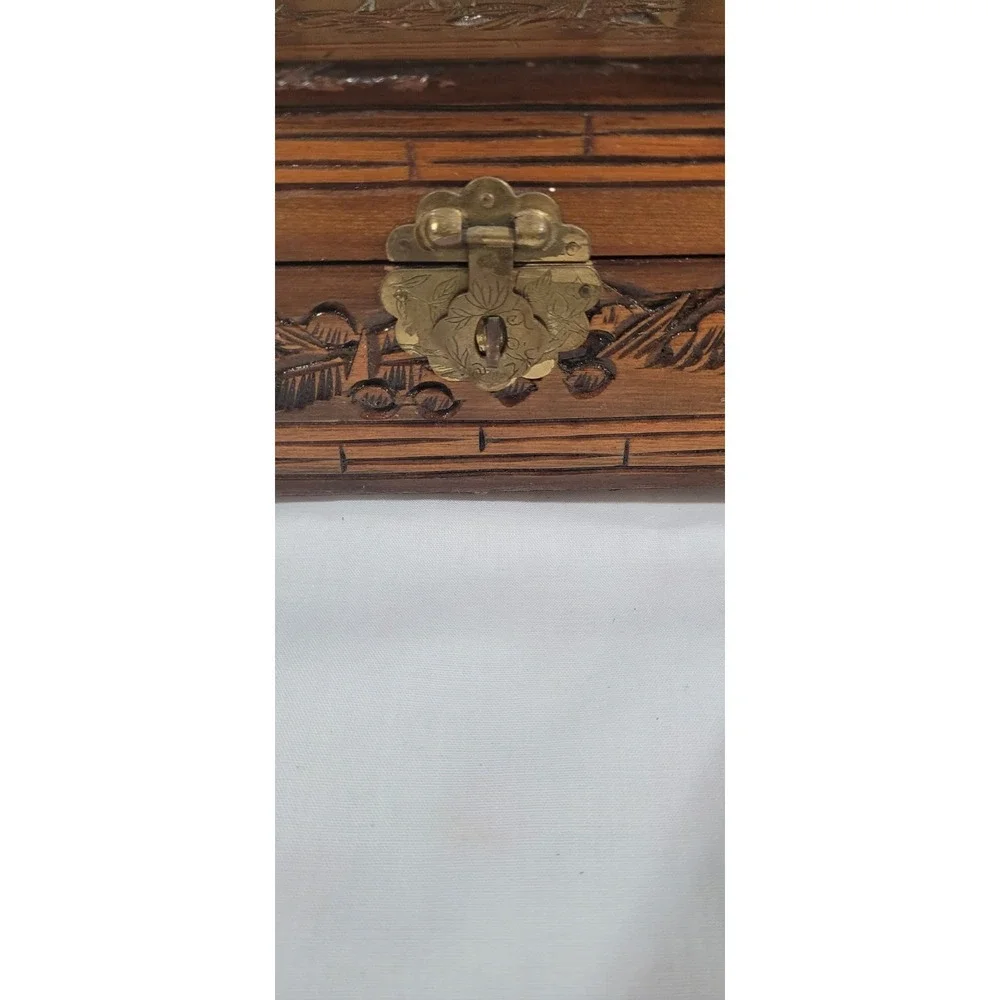Vintage 1960's Wooden jewelry box with carved Asian Motifs